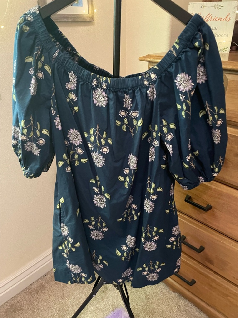Navy Floral Off-Shoulder Peasant Top
